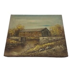 Vintage Wrapped Canvas Picture of Covered Wooden Bridge Country Cottage 10"x8"‎